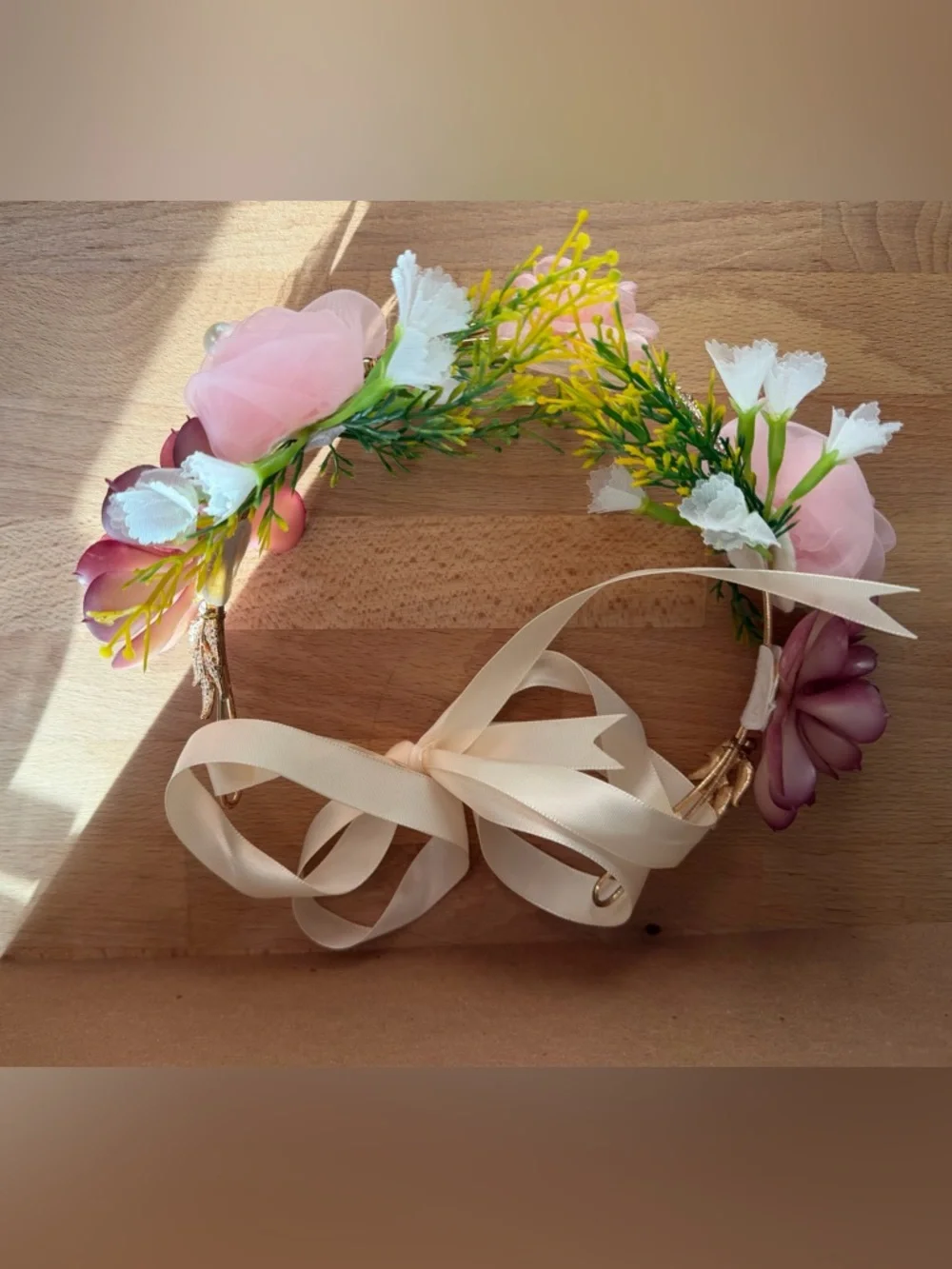 Floral Ribbon Crown Adjustable Headband with Satin Ribbon Tie - Pink White Mauve
